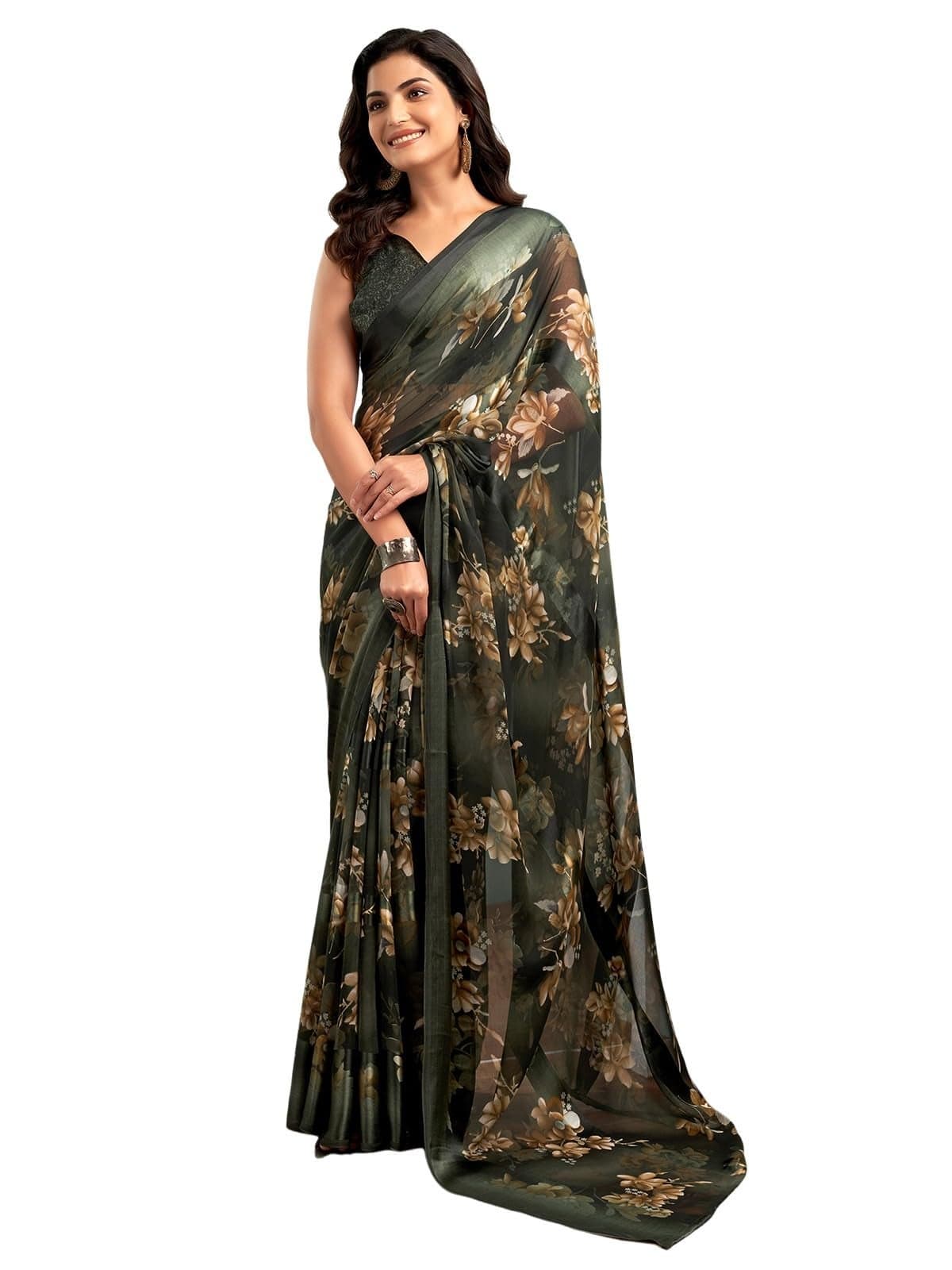 Satrani Women's Georgette Floral Printed Satin Stripe Saree with Unstitched Blouse Piece (3881S123N_Dark Green)