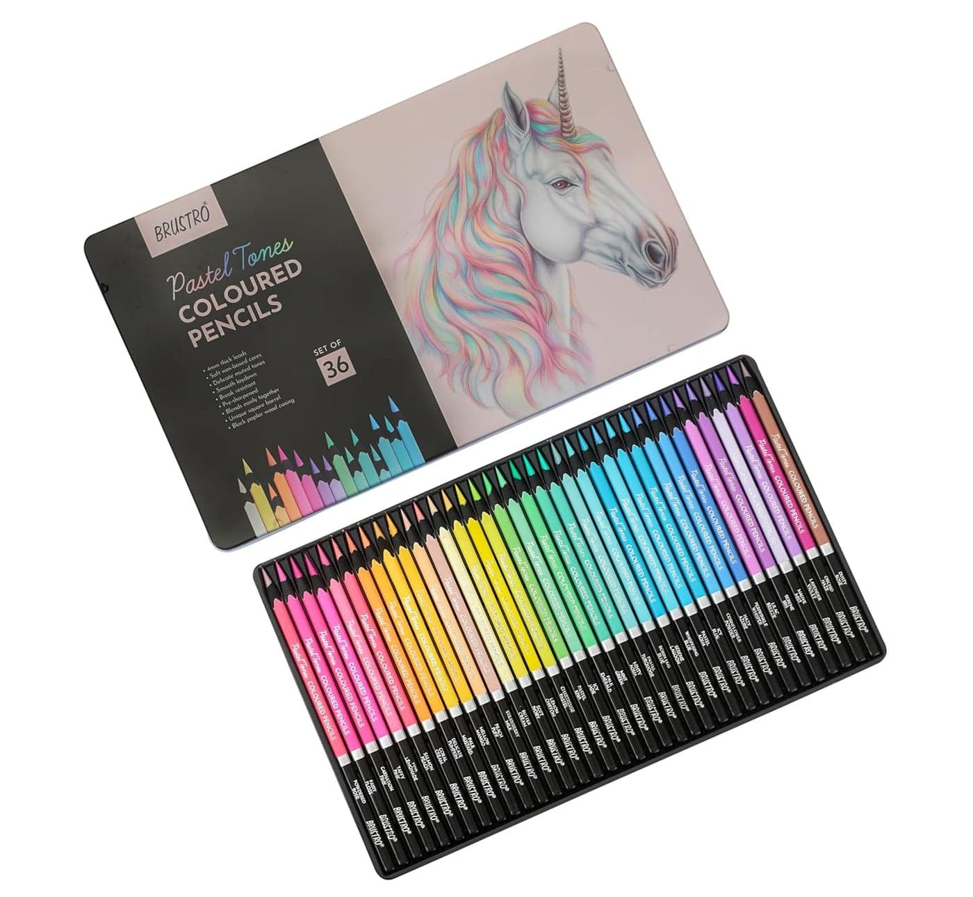 BRUSTRO Artists Pastel Coloured Pencils Tone Drawing Colouring Ideal for Blending Shading Set of 36 Tin Box