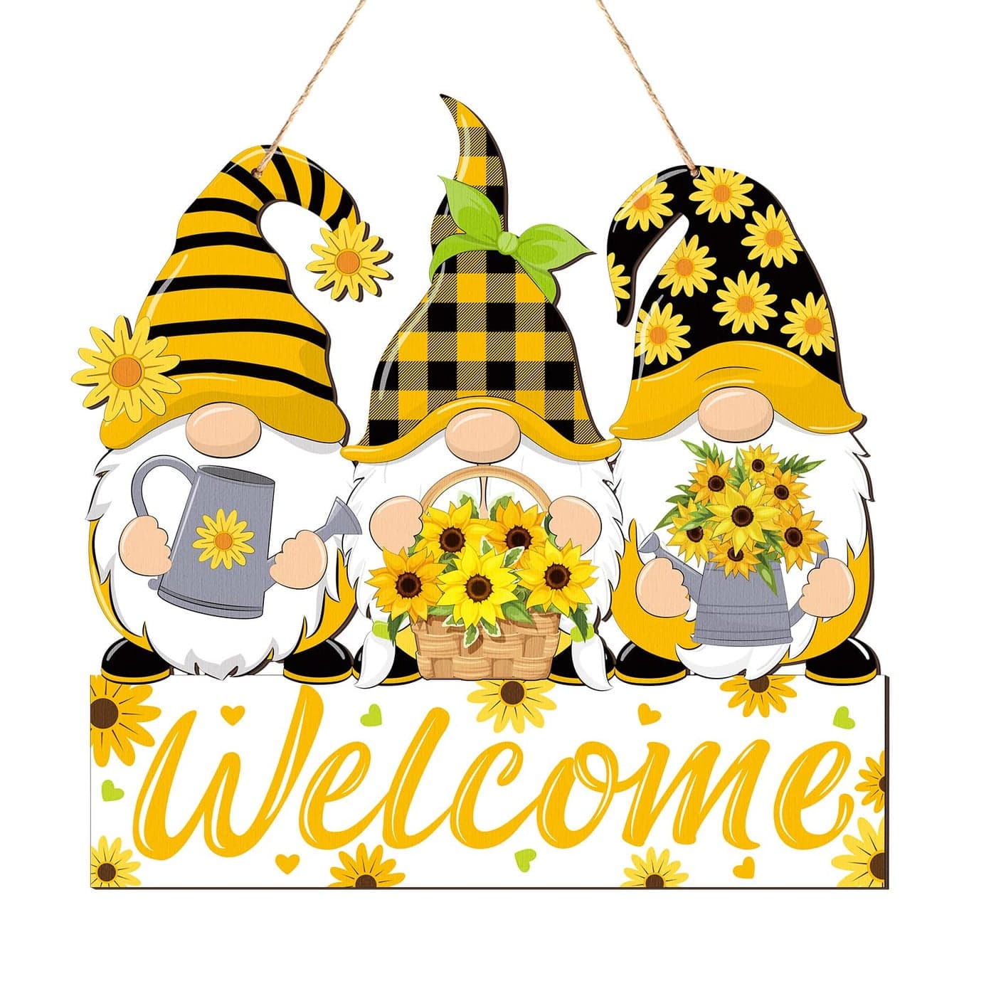 Panelee Sunflower Gnomes Welcome Sign Summer Welcome Hanging Decorations Wreath Wooden Hanging Door Sign with Ropes for Porch Front Door Decor Wedding Dinner Home Garden Kitchen Decor