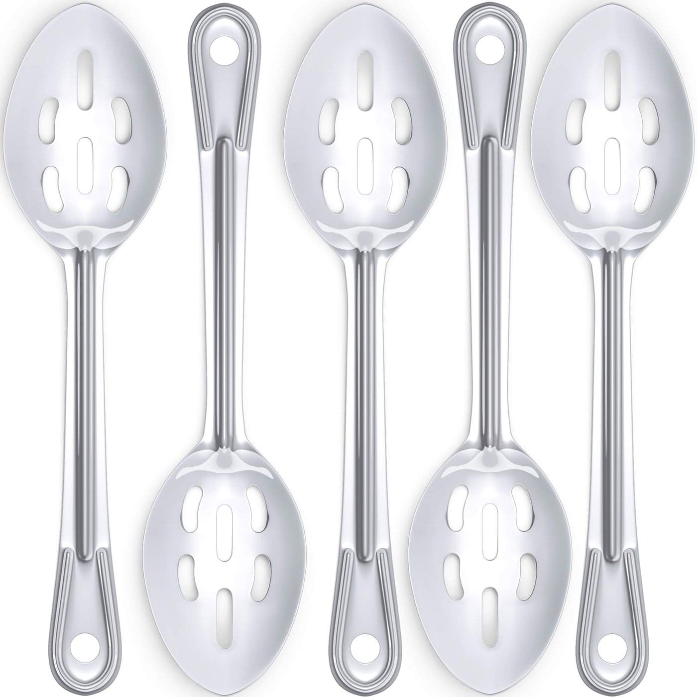 Super Strong Ergonomic 11 in Serving Spoon 5 Pk Big Slotted Stainless Steel Spoons for Cooking Baking and Basting Best Kitchen Flatware for Buffet and Banquet Service in Restaurants and Homes