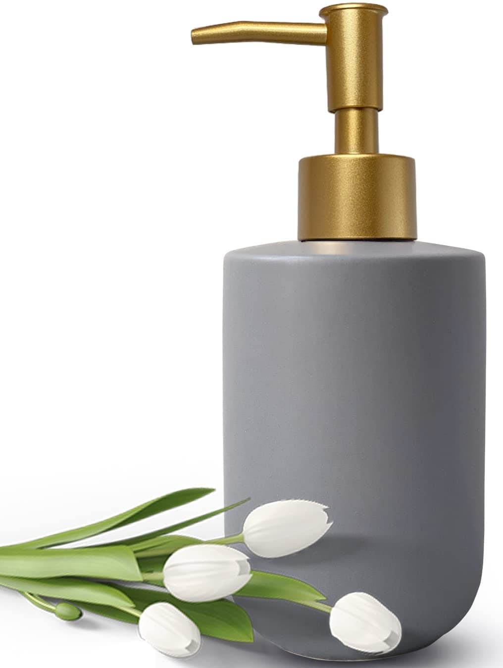 Liquid Soap Dispenser for Bathroom with Gold PumpDish Soap Dispenser for KitchenRefillable Countertop Lotion Ceramics Gray Hand Soap Dispenser for Shower 420ml Cylindrical Gray Bottle