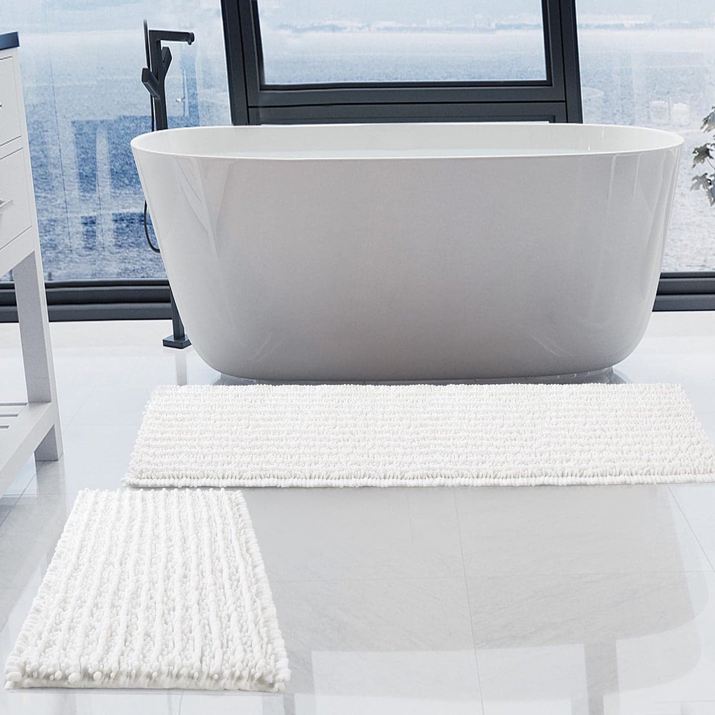 HVERONNEX Luxury Chenille White Bathroom Rugs Sets 2 Piece Thickened Hot Melt Rubber Bottom Bath Mats for Bathroom Non SlipBath Rugs Quick Dry Machine Washable for Shower Mat 47x1717x24