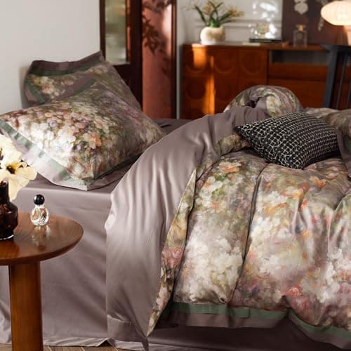 mixinni Vintage Floral Duvet Cover Set - Queen Size, 100% Long Staple Cotton Percale, Reversible Garden Style Bedding Set with Zipper Closure, 3-Piece Luxury Duvet Cover with 2 Pillow Shams (20"x26")