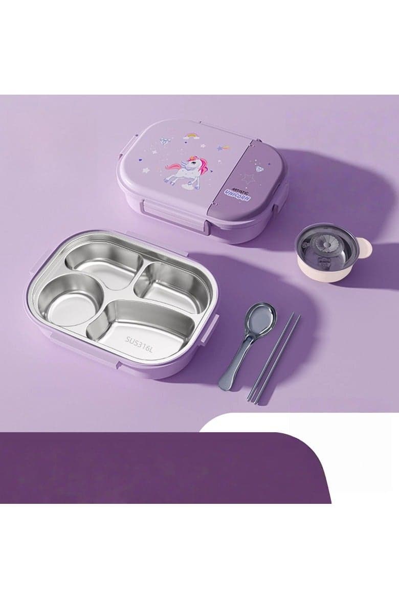 Purple Unicorn 316L Stainless Steel Lunch Box with Four Compartments 1600ML Includes Steel Chopsticks Spoon and Soup Bowl Portable for Students and Professionals