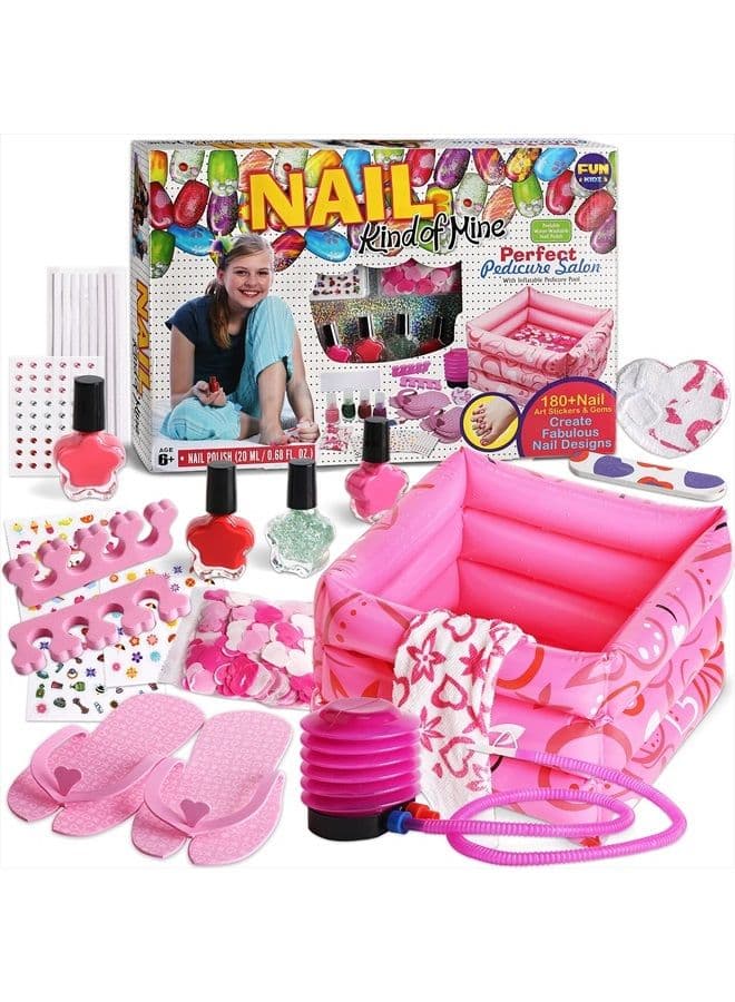 Kids Foot Spa Kit for Girls, Funkidz Pedicure Kit for Girls Includes Bigger Inflatable Foot Tub Inflator Pump Peelable Nail Polish Supplies for Sleepover Party, 17.91Wx12.4L