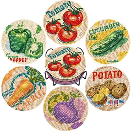 DOTSOPS 6Pack Diamond Painting Coaster with Holder 5D Diamond Art Kits for Adults Round Full Drill Beginners Gem Dots Craft Arts Supplies Party Home Decor Vegetable