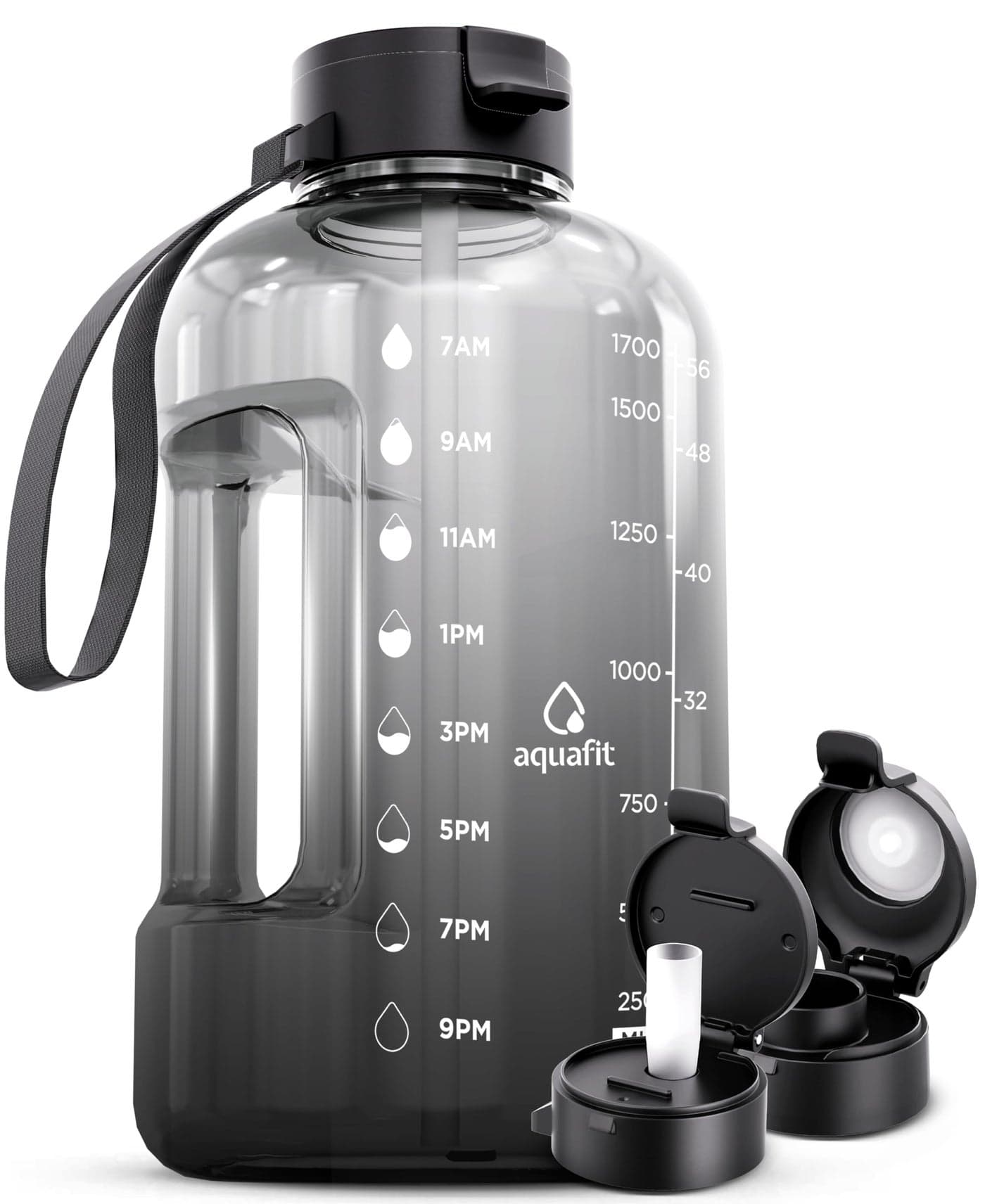 AQUAFIT Motivational Sports Water Bottle With Times To Drink Straw Time Marker for Gym 64 oz Half Gallon Jug Large
