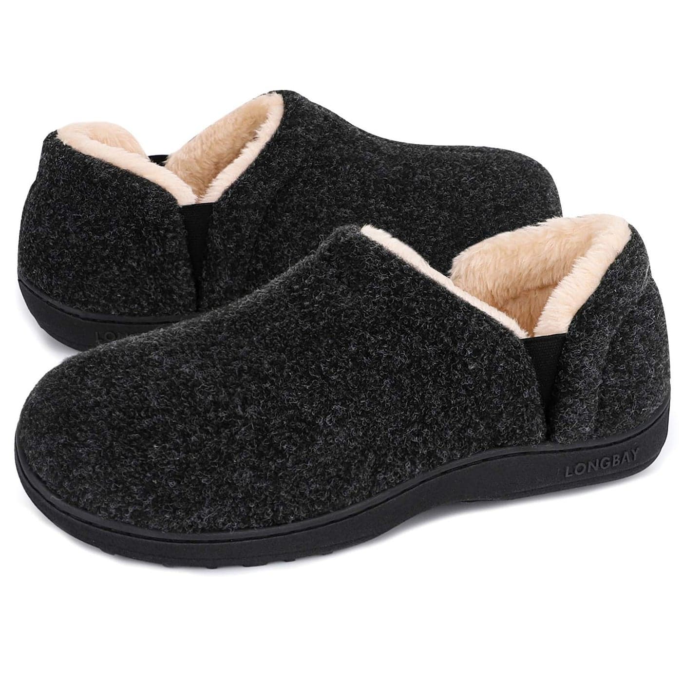 LongBay Men's Slippers Felt Warm Bedroom House Shoes Slip-On Memory Foam Slippers for Indoor Outdoor (Black, 9-10)