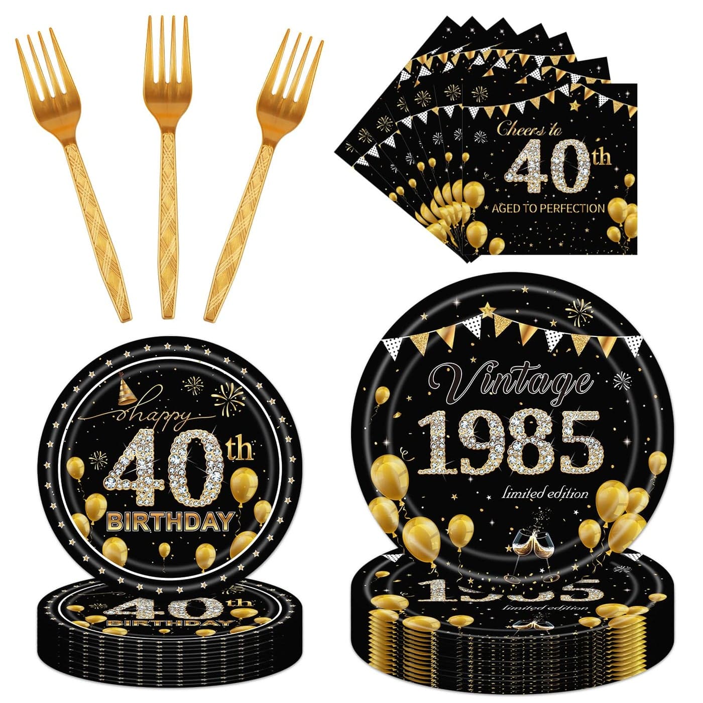 refavor 40th Birthday Decorations Tableware for Men Woman 96PCS 40th Birthday Plates and Napkins Set Over the Hill Cheers to 40 Years Party Plates Forks Supplies