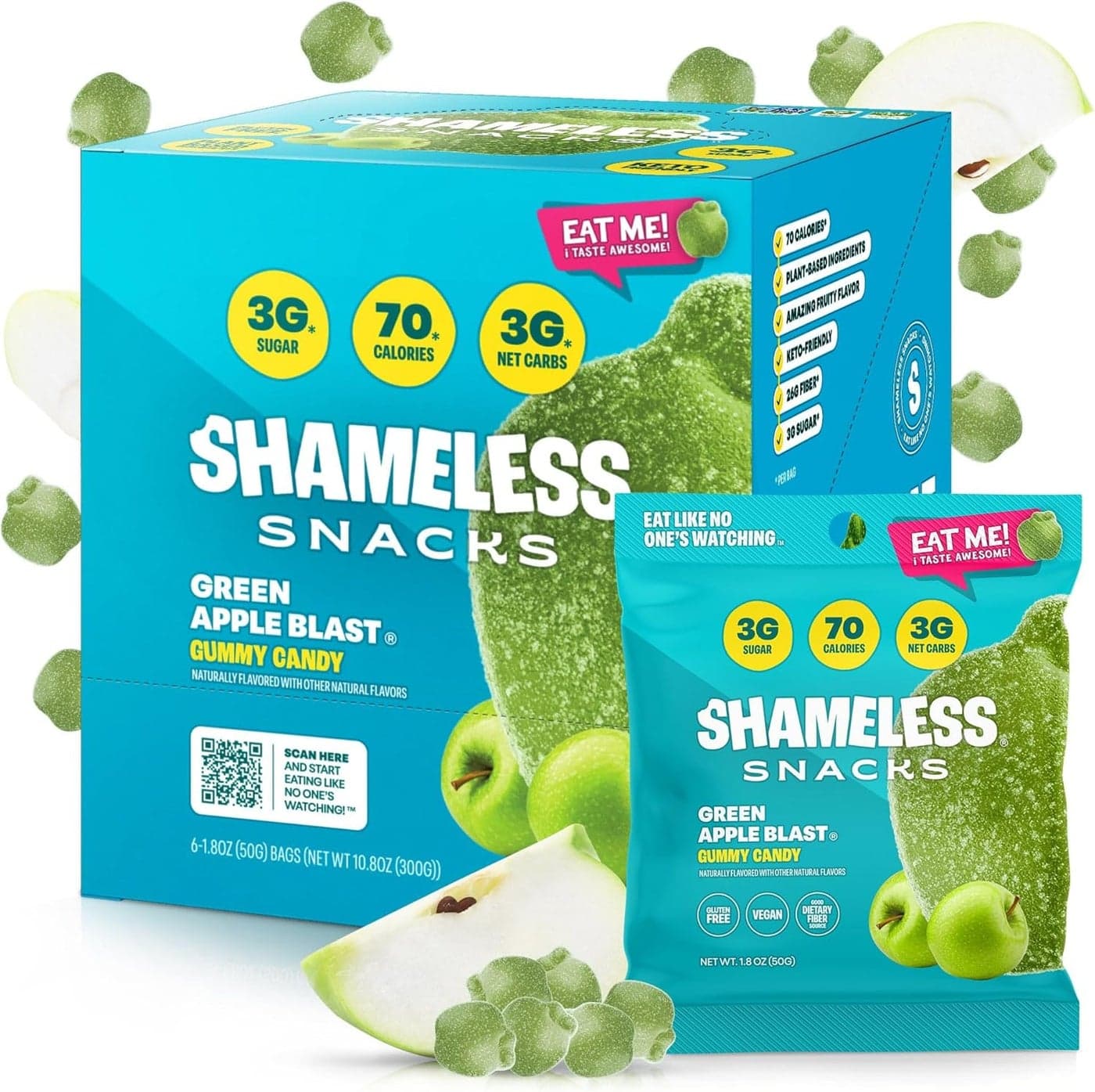 Shameless Snacks Green Apple Blast - Healthy Low Calorie Keto Gummies, 6 Pack