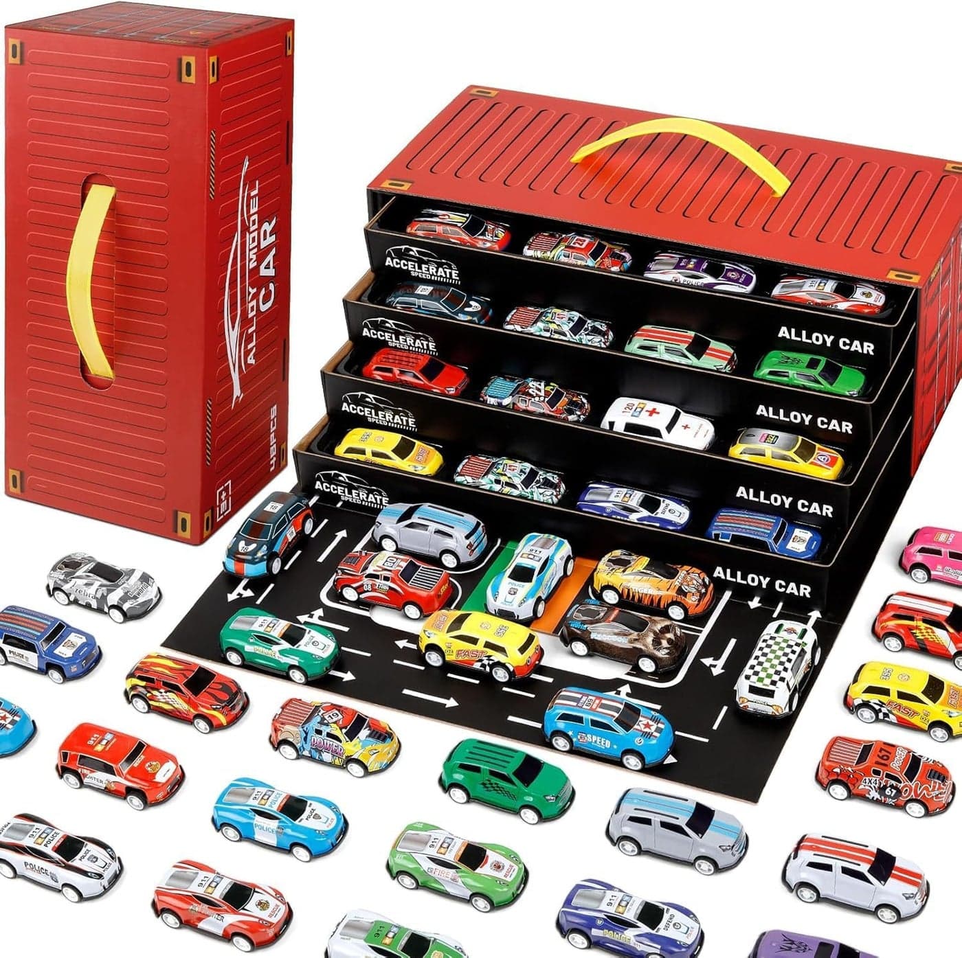 Toy Cars for Kids, 48 Pull Back Race Cars Toys, Container Storage Box, Die Cast Metal Toy Car Set, Racing Pattern, Race Car Party Favors, Small Caar for Boys Girls Toddlers 3-8 Years