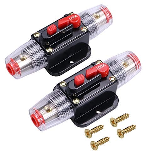 RKURCK 100 Amps Audio Inline Circuit Breaker Reset Fuse, 12V-24V DC Manual Reset Inline Fuse Holder for Car Marine Trolling Motors Audio, Stereo Switch and Solar Inverter System Protection 100A 2 Pcs
