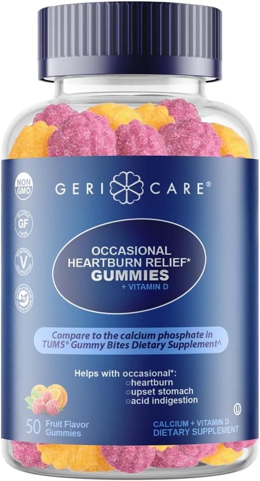 GeriCare Antacid with Vitamin D Gummies Fruit Flavor 50 Count NonGMO GlutenFree Vegan Naturally Sourced for Heartburn Upset Stomach Acid Indigestion Relief Pack of 1