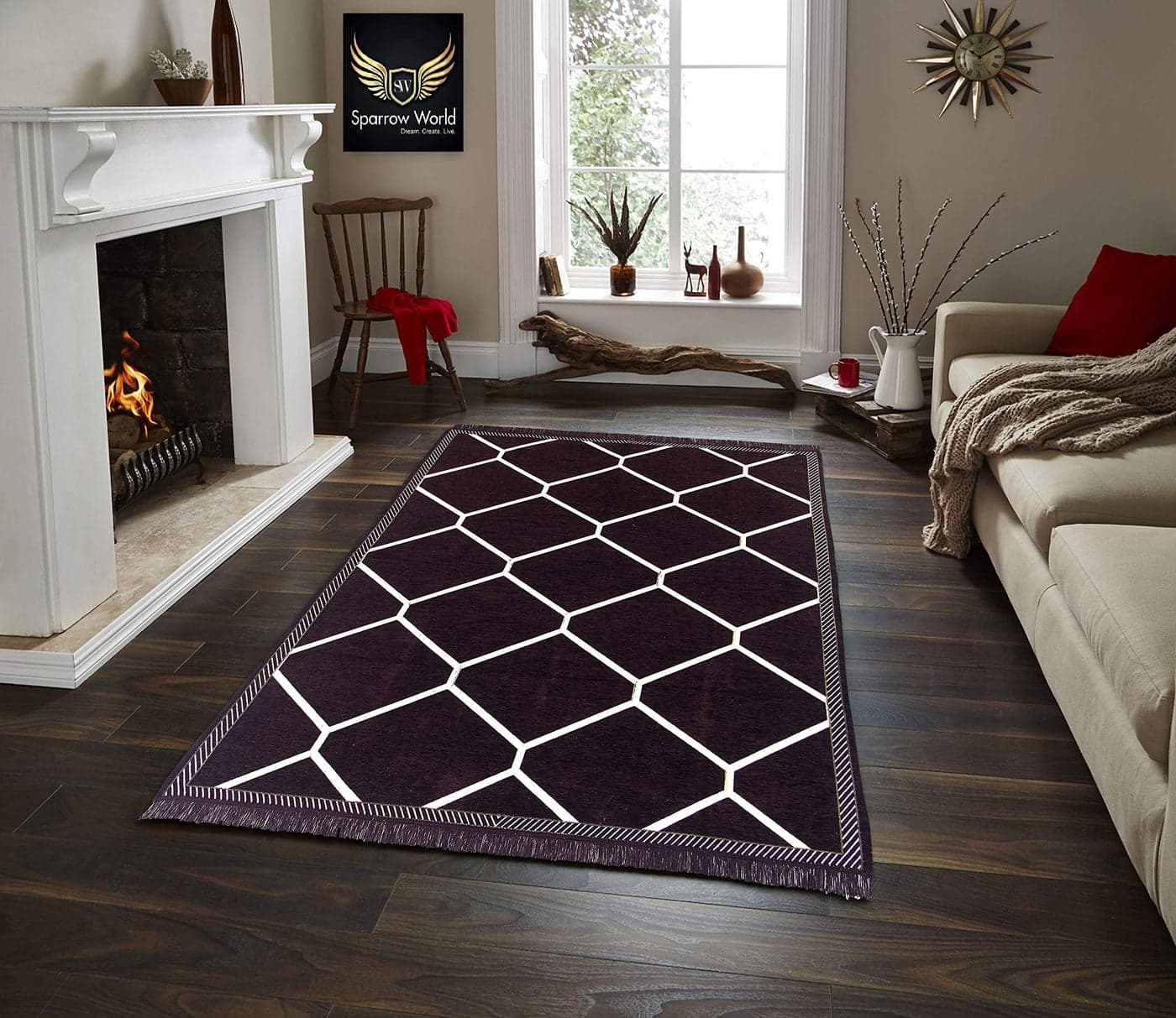 Sparrow World 6D Ethnic Velvet Touch Abstract Chenille Carpet (Wine)