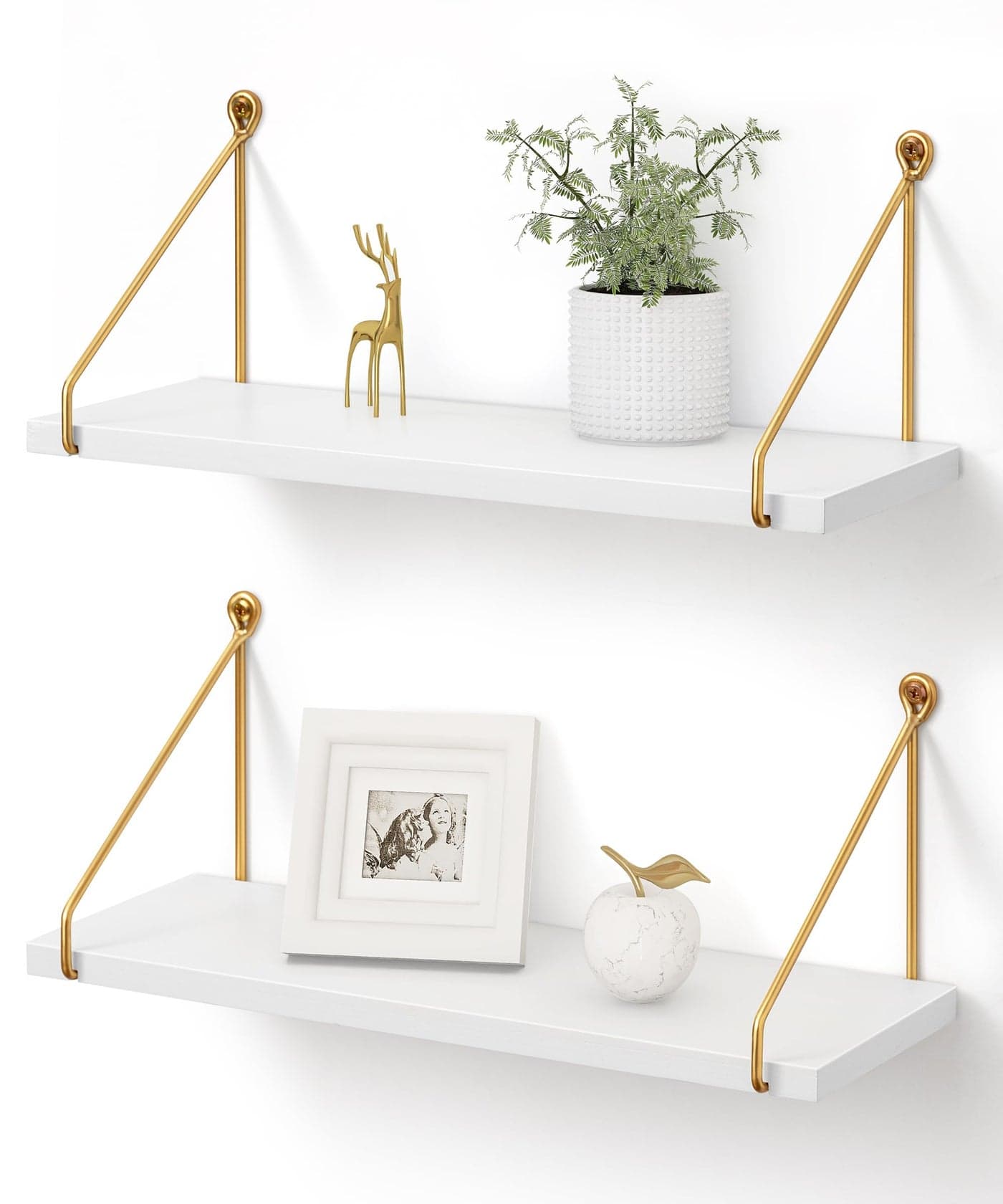 Afuly Floating Shelves for Wall, Metallic Gold White Wall Mounted Shelves, Shelves for Bathroom Kitchen Bedroom Solid Wood Metal Chic Bookshelf, Set of 2