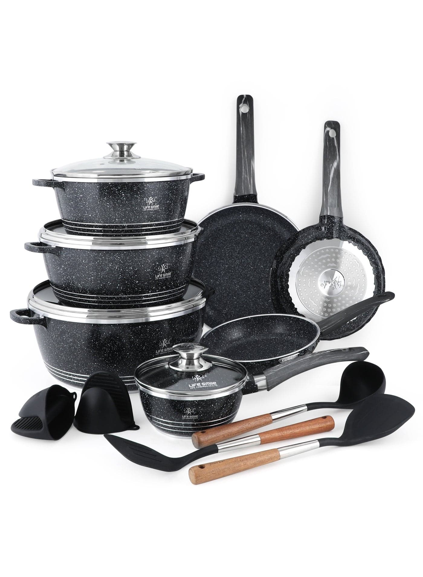 Nonstick Cookware Set 16 pcs Cookwares-Induction Base Pots and Pans set-Granite Coating Cooking Pots set Includes 1.3L Saucepan, 24cm/28cm/32cm Casseroles, 20/24/28cm Fry Pans& Silicone Utensils