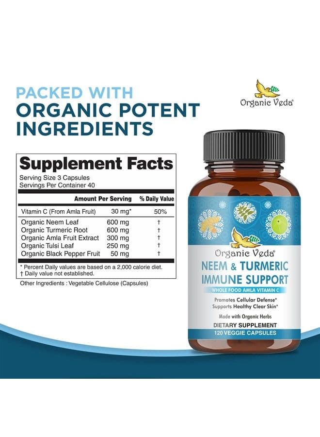 Immune Support Capsules – High Potency Organic Herbal Supplement Made with Neem, Tulsi, Turmeric, & Black Pepper - Supports Resistance & Cellular Defense – 120 Veggie