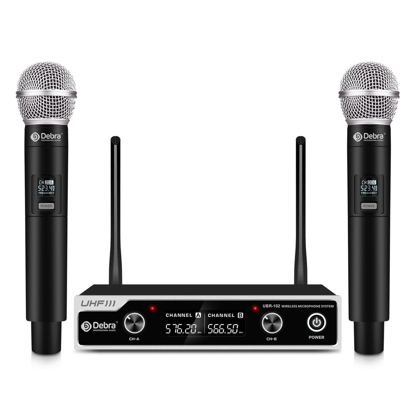 Wireless Microphone System D Debra UHF UBR-102 with Cordless Handheld Lavalier Headset Mics, 260ft Range, Suitable for Church, Lectures, Karaoke, Weddings, DJ, and Bars (2 Handheld)