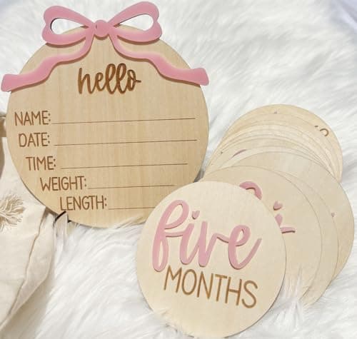 Monthly Baby Milestone Cards for Girls 13 Wooden 3D Milestone Discs with Hello World Birth Announcement Sign Newborn Photo Props for Baby Girl