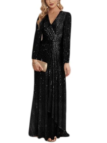 meilun Black Long Sleeve Sequin Dress for Women Formal Evening Gowns Sparkly V Neck Maxi Dress for Wedding Guest,4XL