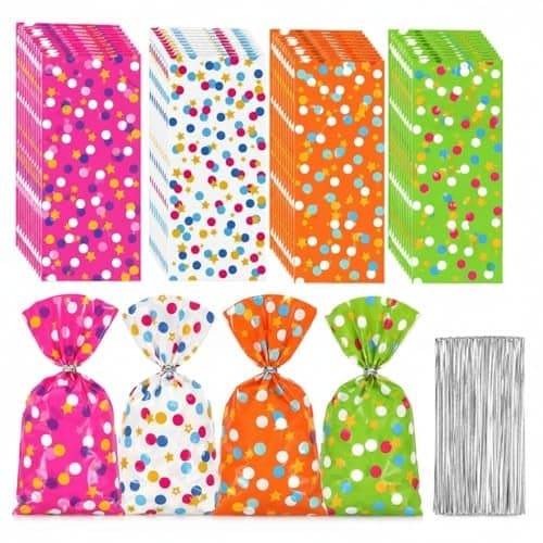 Pajean 100 Pcs Cellophane Treat Bags for Party Favors Decorations Polka Dots Goodie Star Treat Candy Bags with 100 Twist Ties Rainbow Stars Theme for Birthday Mother Weddings Supplies
