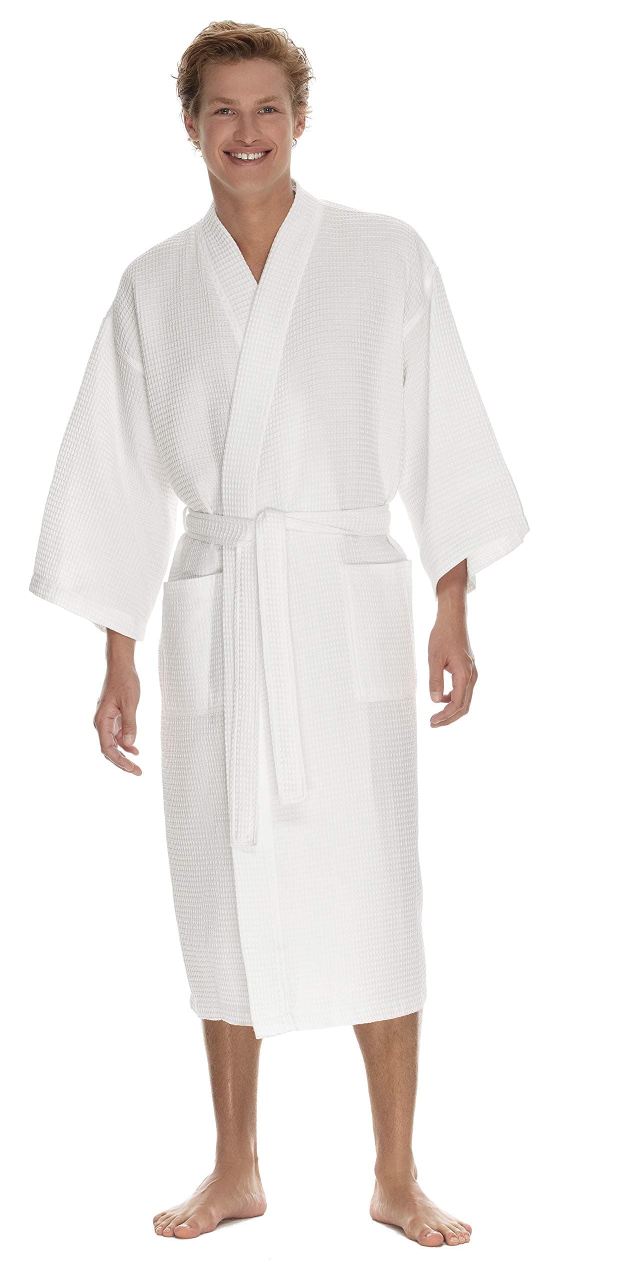 Mens Waffle Robe by BOCA TERRY Waffle Knit Spa Robe Long Lightweight Cotton Kimono Hotel Bathrobe White 2X XXL