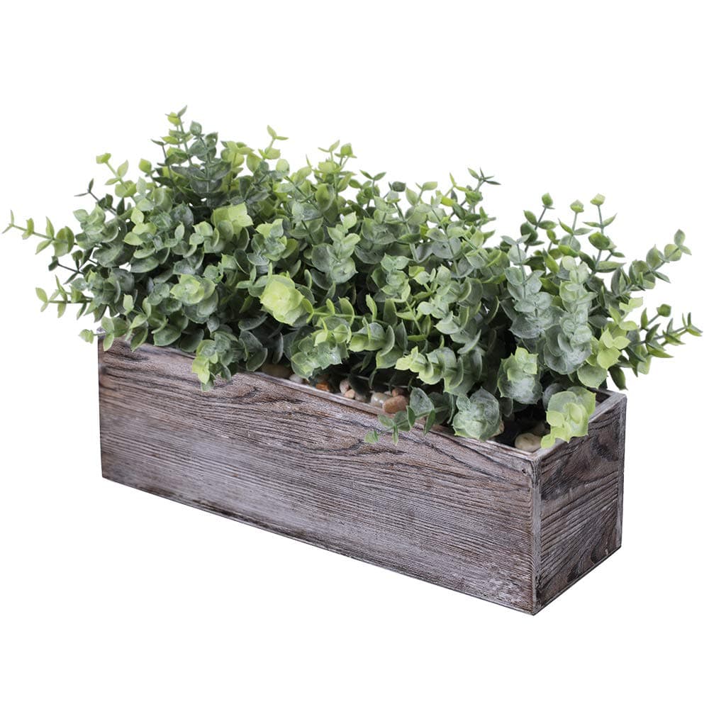 Winlyn Faux Eucalyptus Plants in Rustic Rectangular Wood Planter Box Artificial Eucalyptus Greenery Arrangement Potted Plant in Dusty Green for Wedding Centerpiece Office Room Table Windowsill Dcor