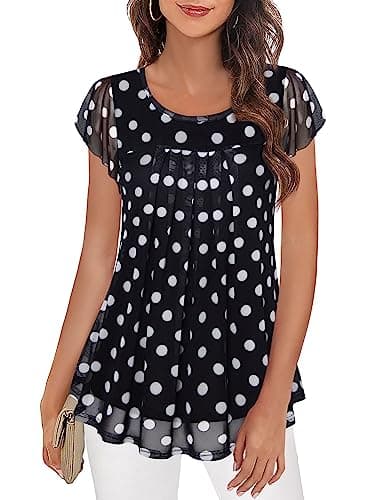 Furnex Dressy Tops for Women - Tunic Tops for Leggings, Ruffle Shirts, Layered Top, Business Casual Mesh Blouse, Pleated Shirt, Floral Blouse - Work Professional - Black Polka Dot - XL