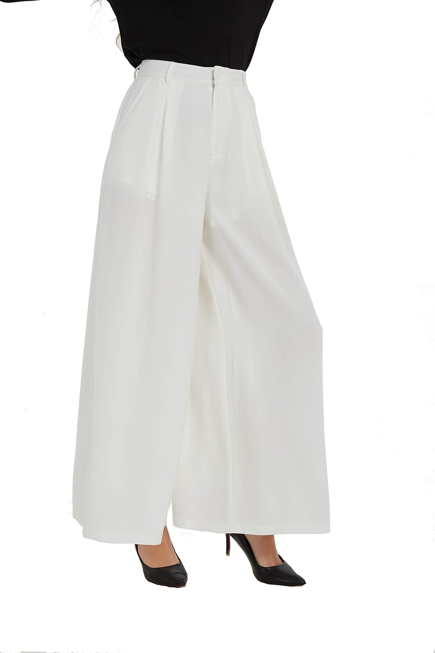 Tronjori Women High Waist Casual Wide Leg Long Palazzo Pants Trousers Regular Size(XL,Ivory White)