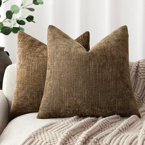 Foindtower Pack of 2 Soft Textured Chenille Throw Decorative Pillow Covers Square Accent Solid Cushion Cover Neutral Farmhouse Pillow Case for Couch Sofa Bedroom Living Room 20x20 Inch,Taupe Brown