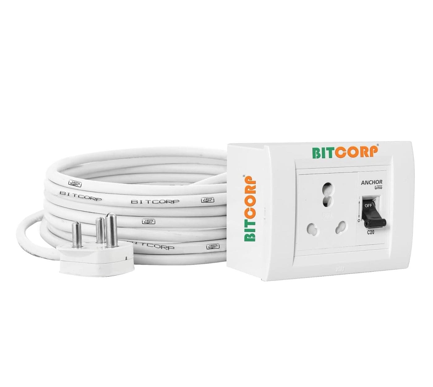 Bitcorp Extension Board for 15 Ton Air Conditioner AC Box 15A16A20A25A 3500W Power Strip with 1 Meter Cable Cord for Electric Car Charging White