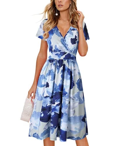 OUGES Women's 2025 Summer Short Sleeve V-Neck Floral Short Party Dress with Pockets(Floral16,S)