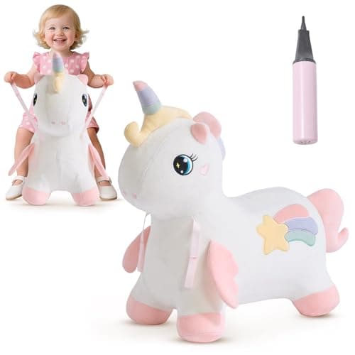 FUNLIO Unicorn Bouncy Horse Rainbow Fairy Bouncy Animal for Toddlers 18 Months to 5 Years Inflatable Bounce Horse with Air Pump Removable Cover Washing Machine Safe CPC CE Certified