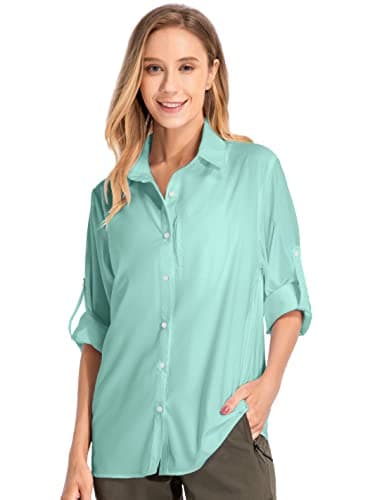 Women's Long Sleeve Hiking Shirt, UPF 50+ Lightweight Breathable UV Sun Protection Safari Travel Shirts (5019 Green Small)