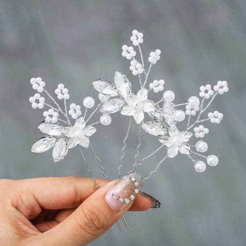 Heread Crystal Bride Wedding Hair Pins Silver Flower Bridal Head Piece Pearl Hair Accessories for Women and Girls (Pack of 3) (A Silver)