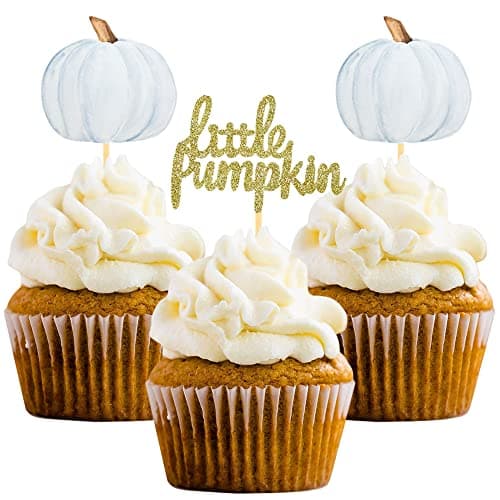 Little Pumpkin Cupcake Toppers Thanksgiving Birthday Baby Shower Fall Theme Party Decorations Gender Reveal Supplies Set of 24 blue