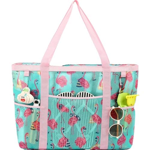Fammart Mesh Beach Bag with Zipper for Women Large Beach Tote Sandproof Toys Pool Swim Bag Travel Vacation Cruise Essentials