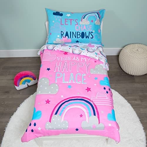 Baby Boom Funhouse Let's Chase Rainbows 4 Piece Toddler Bedding Set – Includes Comforter, Sheet Set – Fitted + Top Sheet + Reversible Pillowcase for Girls Bed, Pink
