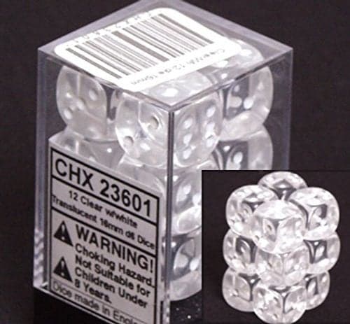 Chessex Dice d6 Sets Clear with White Translucent 16mm Six Sided Die 12 Block of Dice