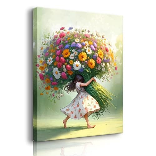 Girls Floral Wall Art Girls Room Canvas Wall Decor Girl Hugging Flowers Poster Prints Kids Room Wildflowers Painting Pictures Nursery Kindergarten Wall Art for Living Room Bedroom (12x16in Canvas)