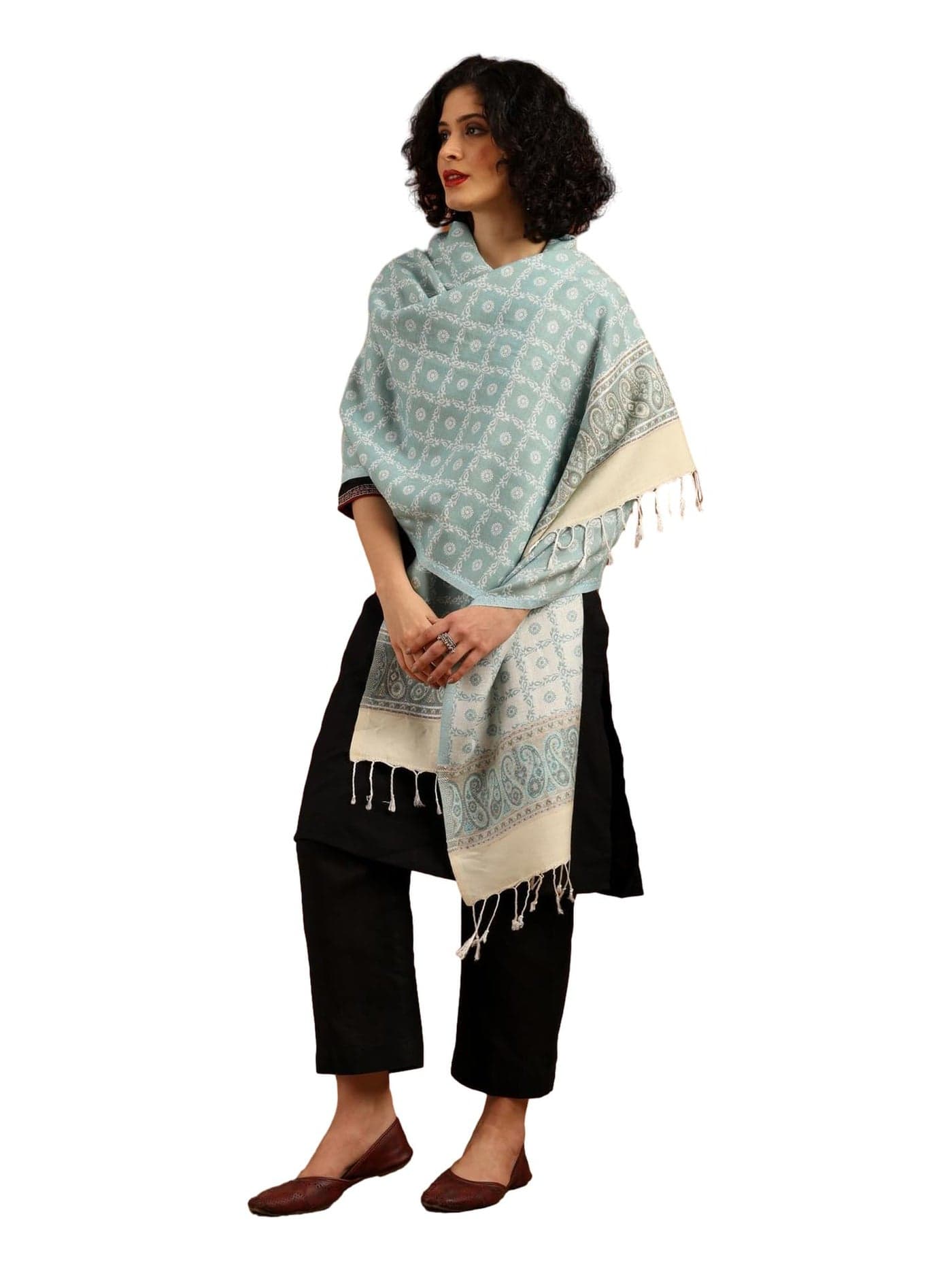tweedle Women’s Sky Blue Blended Wool Stole/Scarf | Reversible, Ethnic Floral Design Shawl for Ladies | Size - 28 x 80 inches