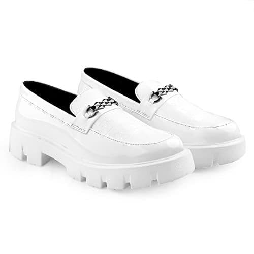 Men's Senthetic Patent Meterial White Casual Buckle Slip-On Loafer and Moccasion Shoes. - 8 UK
