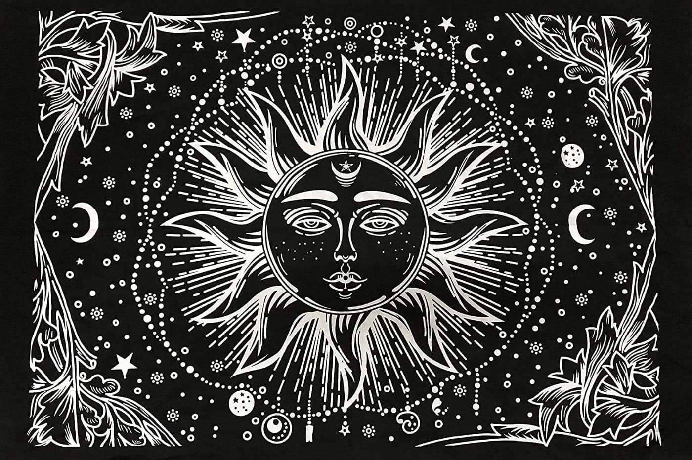 Raj Handicrafts Psychedelic Sun Moon Tie Dye Mandala Hippie Hippy Celestial Wall Hanging Indian Bohemian Tapestries (Black and White, 40x30 Inches)