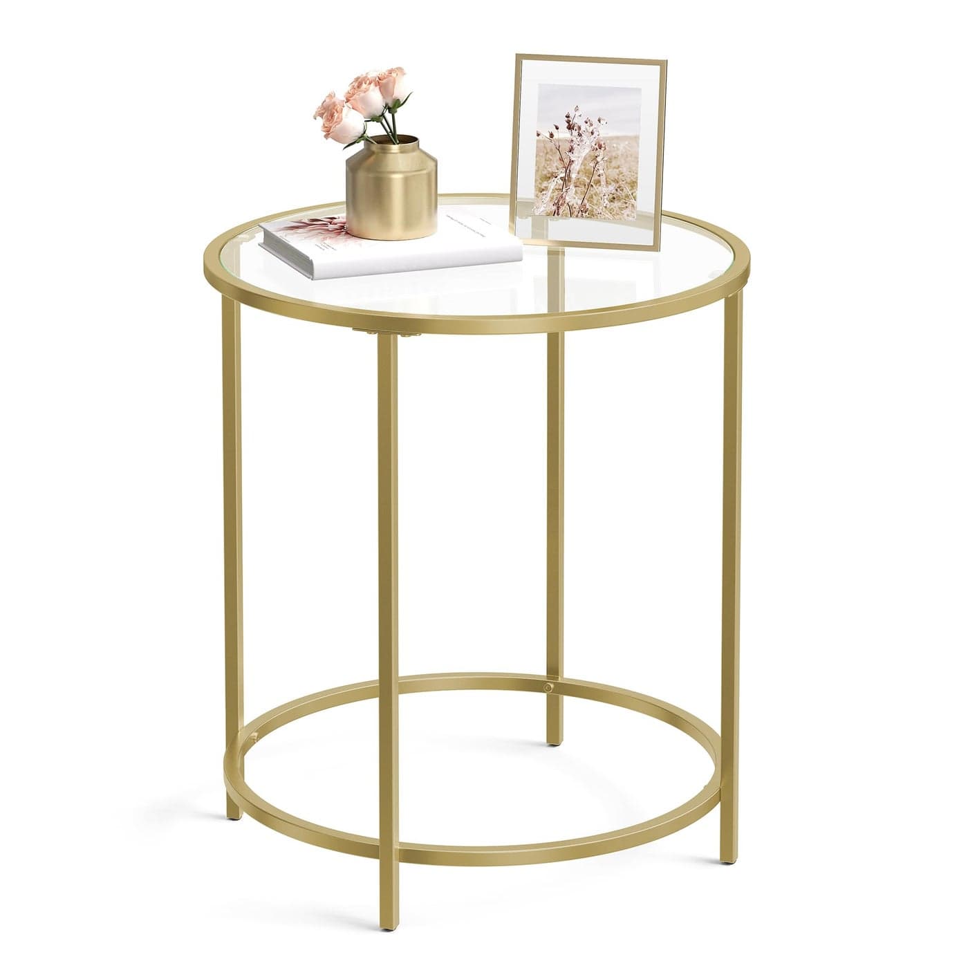 VASAGLE Round Side Table Small Coffee Table Tempered Glass End Table with Steel Frame Bedside Table Living Room Balcony Metallic Gold and Transparent LGT20G