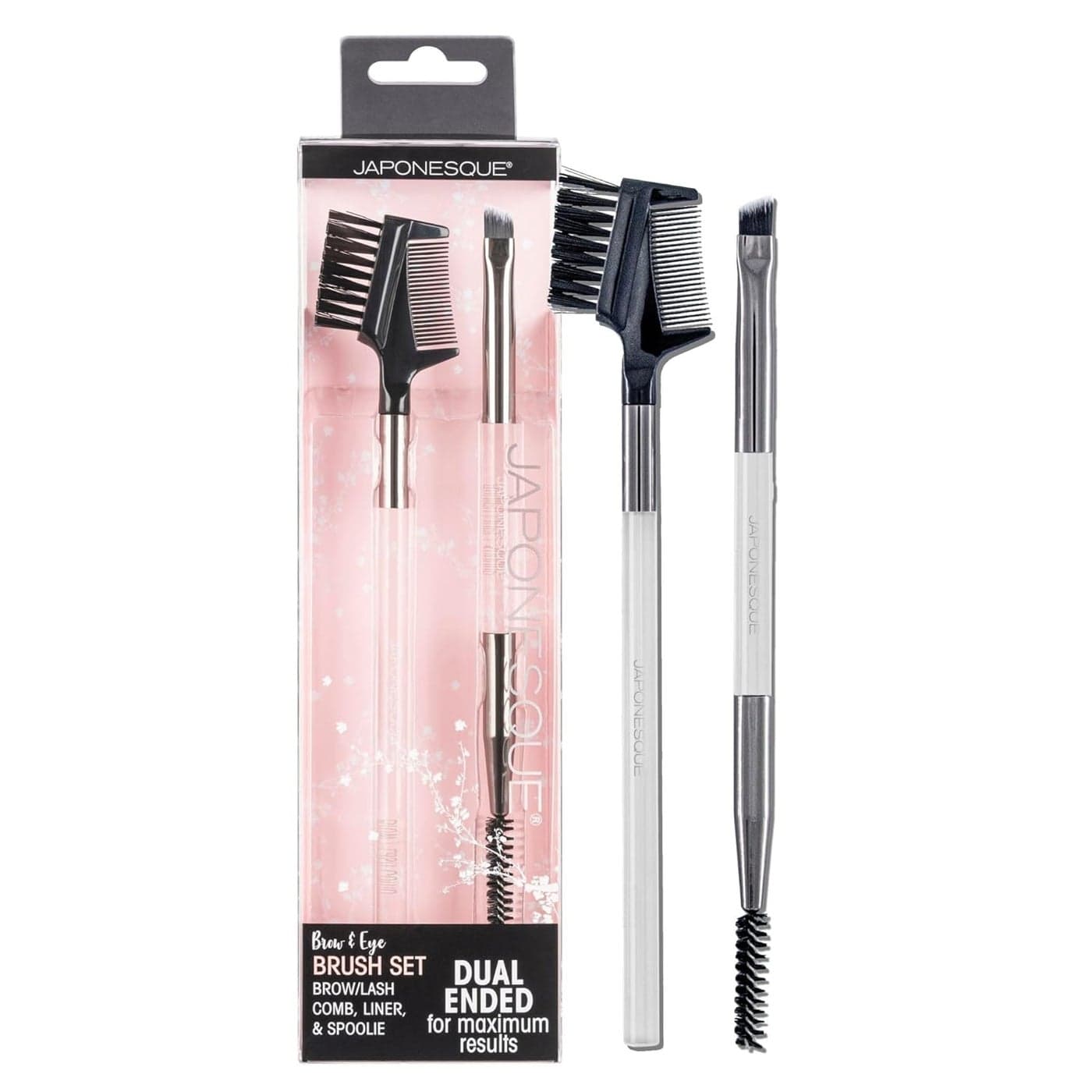 JAPONESQUE Brow & Eye Brush Set, Includes Brow/Lash Comb to Brush Brows and Separate Lashes, Angled Liner Brush for Brow Filler Application, Spoolie to Smooth Brows