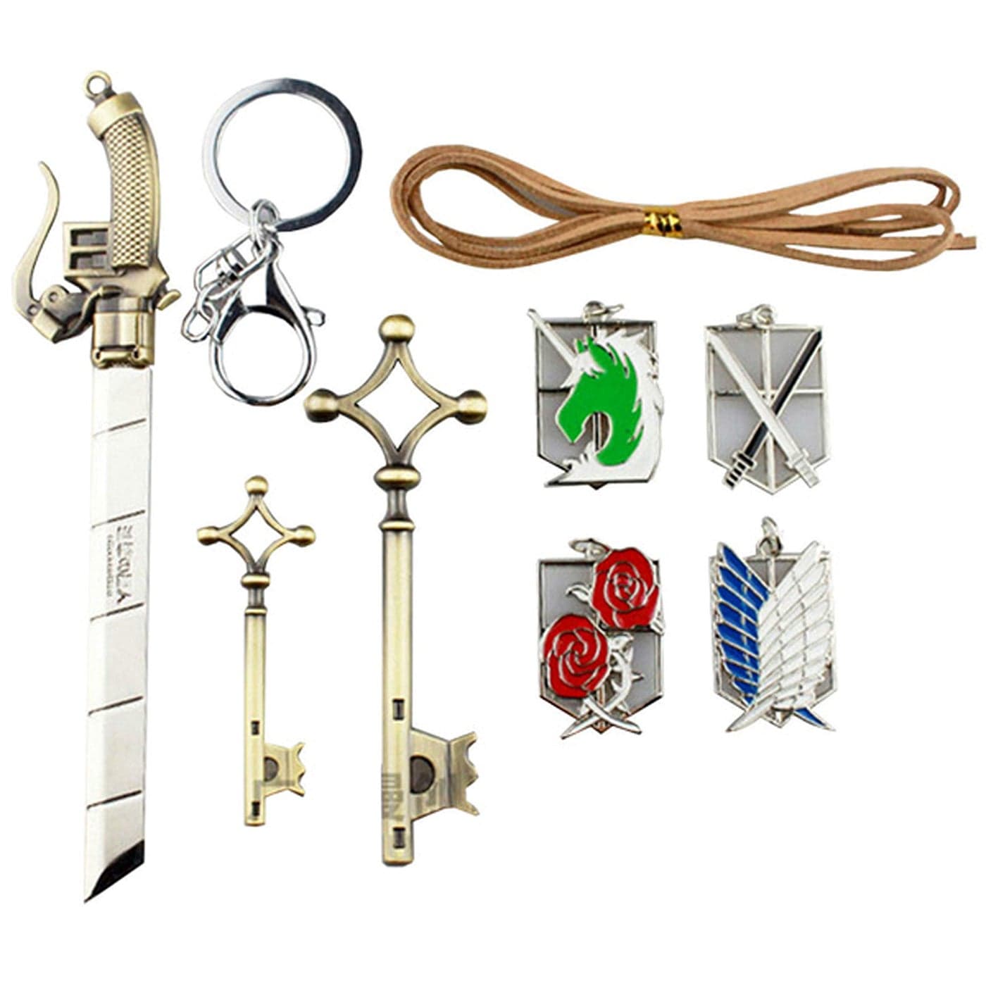 AOT Shingeki No Kyojin Wall Maria Rose Sina Gold Badge Dual Weapon Sword Blade Pendant Charm Necklace Eren's Key Keychain Cosplay Accessory Jewelry Set in a Collection Box
