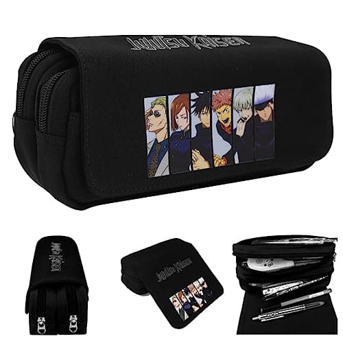 Fancyku Jujutsu Kaisen Polyester Pencil Case, Anime Pencil Pouch, Cartoon Prints Pen Pouch, Large Capacity Pu Pencil Bag Stationery Organizer, Students Gift Children's Day Gift School Gift (Black)