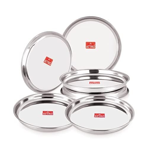ATTRO 6 Pieces Prisma Stainless Steel Thali/Dinner Plates, Food Grade Quality Round Plate Set for Home, Restaurants & Outdoor - Silver