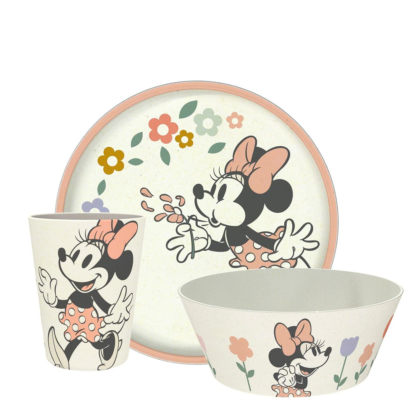 Zak Designs Disney Kids Dinnerware Set 3 Pieces Durable and Sustainable Melamine Bamboo Plate Bowl and Tumbler are Perfect For Dinner Time With Family Minnie Mouse