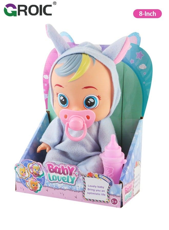 8 Inch Cute Cry Baby Doll Dreamy Interactive Realistic 3D Simulation Baby Doll, Normal, Drink and Cry Little Dolls with 4 Emotions Baby Sounds - Blue